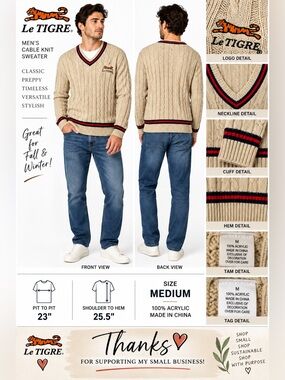 Le TIGRE Men’s Medium Cable Knit V-Neck Sweater Beige Preppy Striped Logo